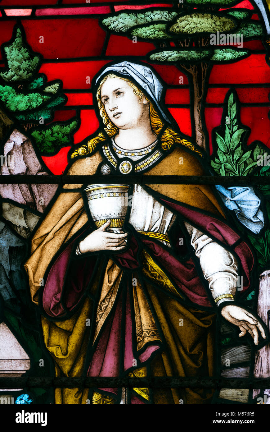 Empty tomb stained glass, east window detail, St. Peter and St. Paul`s Church, Church Hanborough, Oxfordshire, England, UK Stock Photo